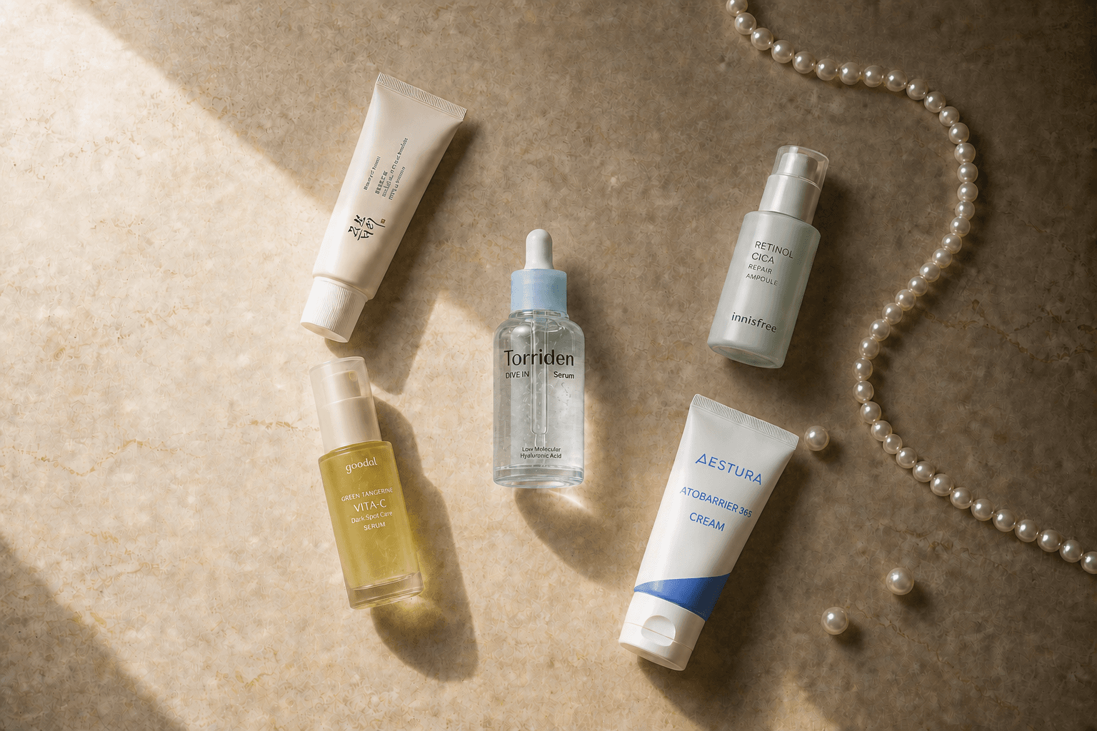 Five Korean skincare products arranged beside pearls on sunlit beige stone