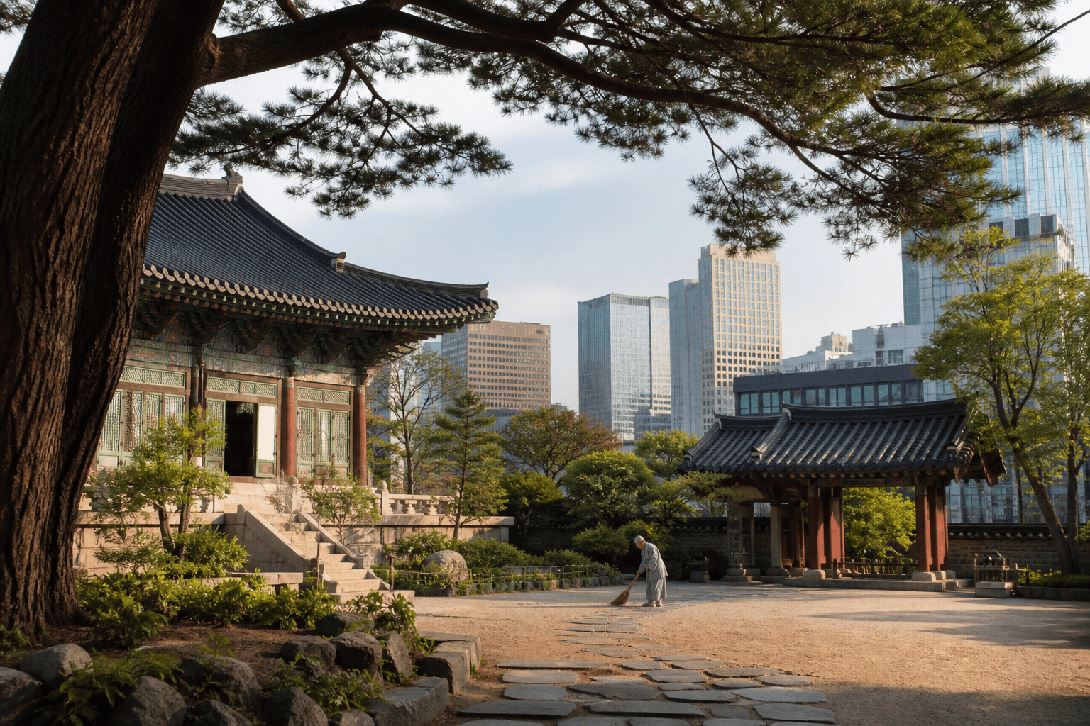 A quiet courtyard where traditional architecture meets the Seoul skyline