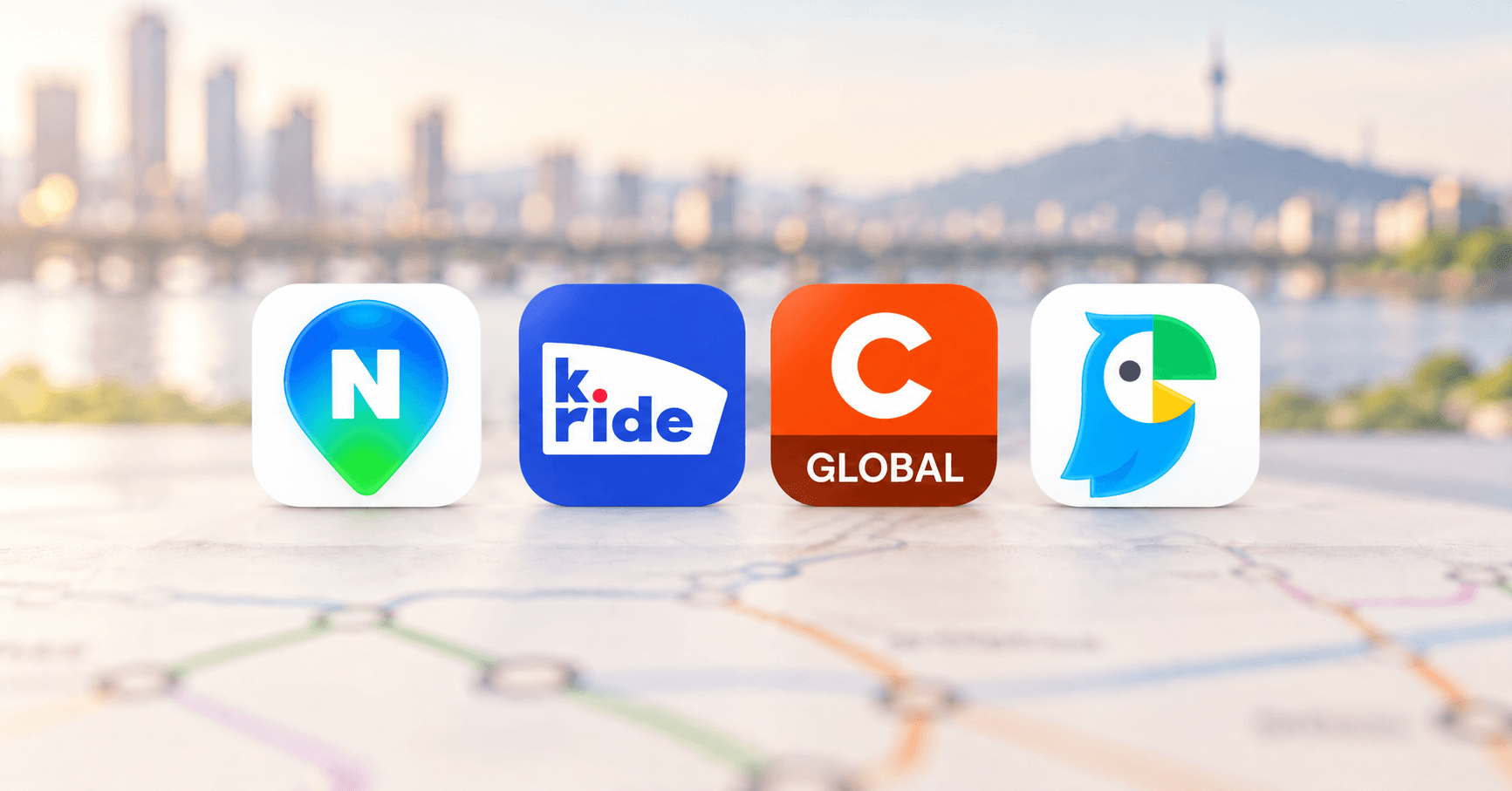 Naver Map, k.ride, Catchtable Global, and Papago app icons against a softly blurred Seoul background